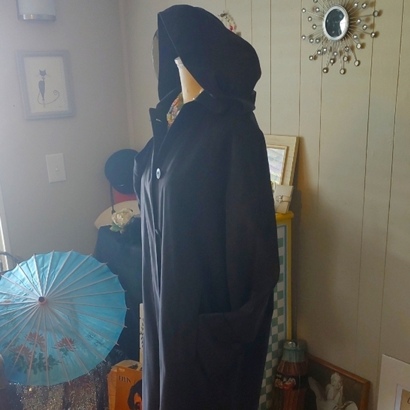 London Fog Black Faux Suede Water Resistent Hooded Trench Coat SZ Medium - Picture 4 of 14